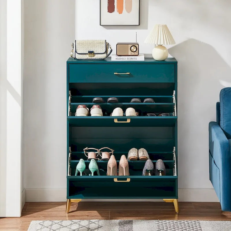 Shoe Storage Cabinet for Entryway, Free Standing Shoe Organizer with 2 Flip Drawers, Hidden Shoe Rack Storage Organizer