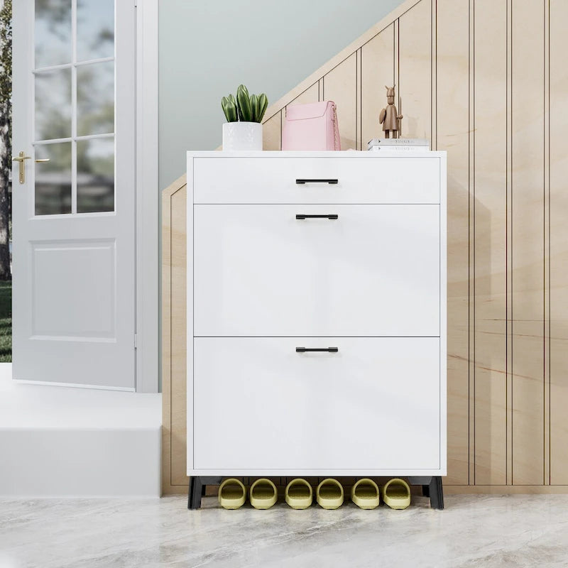 Shoe Storage Cabinet for Entryway, Free Standing Shoe Organizer with 2 Flip Drawers, Hidden Shoe Rack Storage Organizer