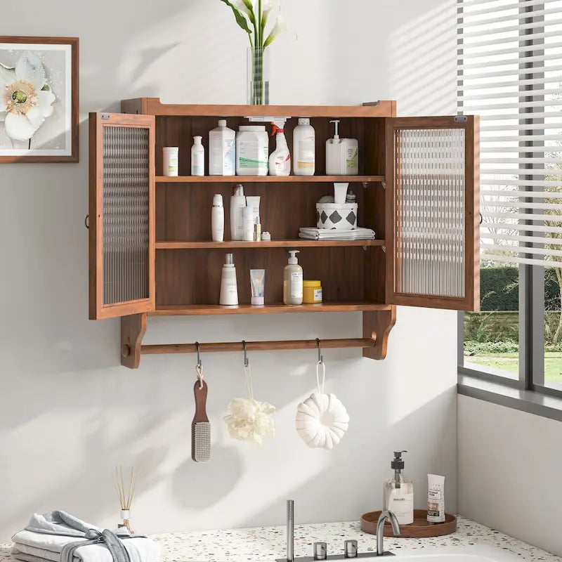Roomfitters 24.8 Vintage Glass Door Wall Cabinet with Double Doors, Three-Tier Storage, and Towel Rack