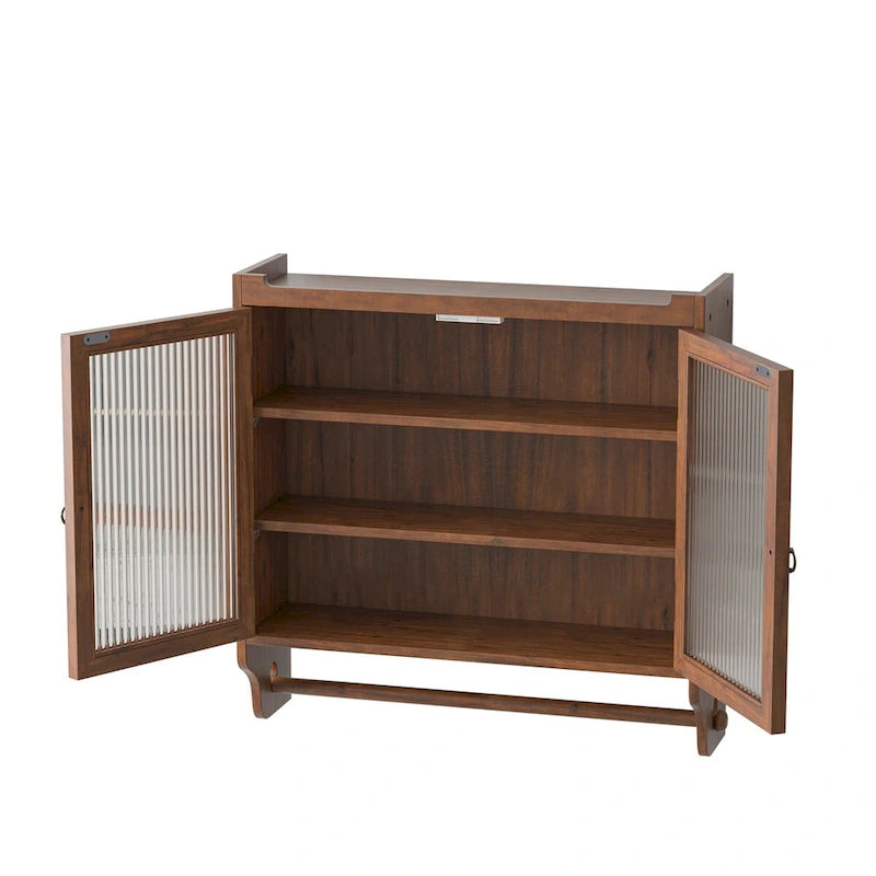 Roomfitters 24.8 Vintage Glass Door Wall Cabinet with Double Doors, Three-Tier Storage, and Towel Rack