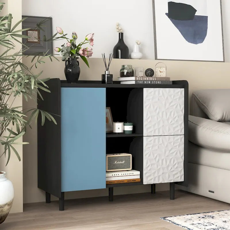 Sideboard Buffet Cabinet, Storage Cabinet with Red Doors, 2 Drawers with unique panel styling and 2 Open Storage Compartment