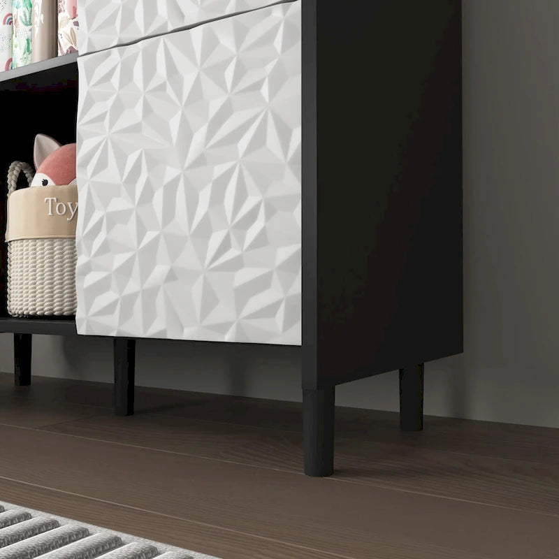 Sideboard Buffet Cabinet, Storage Cabinet with Red Doors, 2 Drawers with unique panel styling and 2 Open Storage Compartment