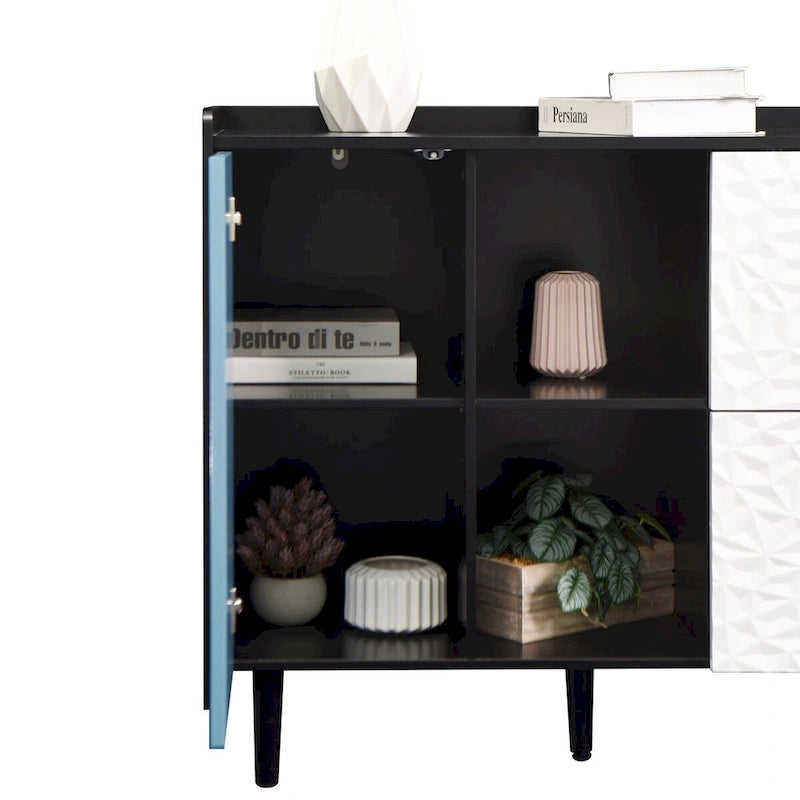 Sideboard Buffet Cabinet, Storage Cabinet with Red Doors, 2 Drawers with unique panel styling and 2 Open Storage Compartment