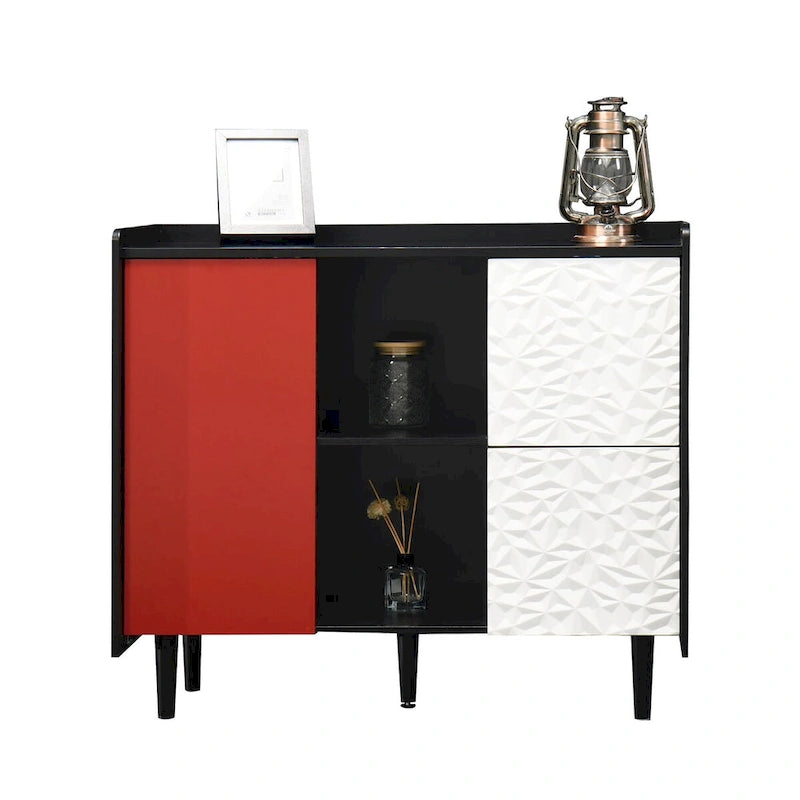 Sideboard Buffet Cabinet, Storage Cabinet with Red Doors, 2 Drawers with unique panel styling and 2 Open Storage Compartment