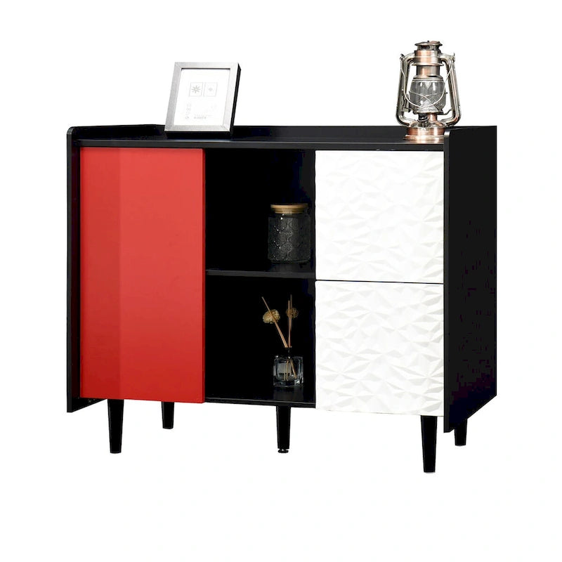 Sideboard Buffet Cabinet, Storage Cabinet with Red Doors, 2 Drawers with unique panel styling and 2 Open Storage Compartment