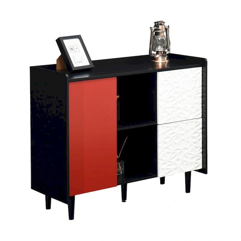 Sideboard Buffet Cabinet, Storage Cabinet with Red Doors, 2 Drawers with unique panel styling and 2 Open Storage Compartment