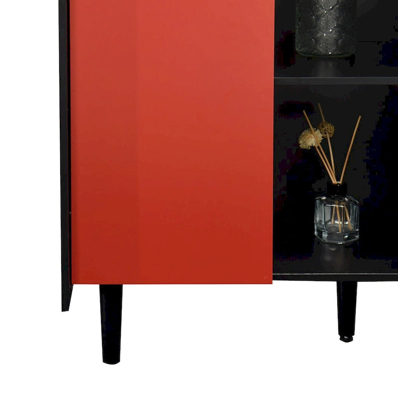 Sideboard Buffet Cabinet, Storage Cabinet with Red Doors, 2 Drawers with unique panel styling and 2 Open Storage Compartment