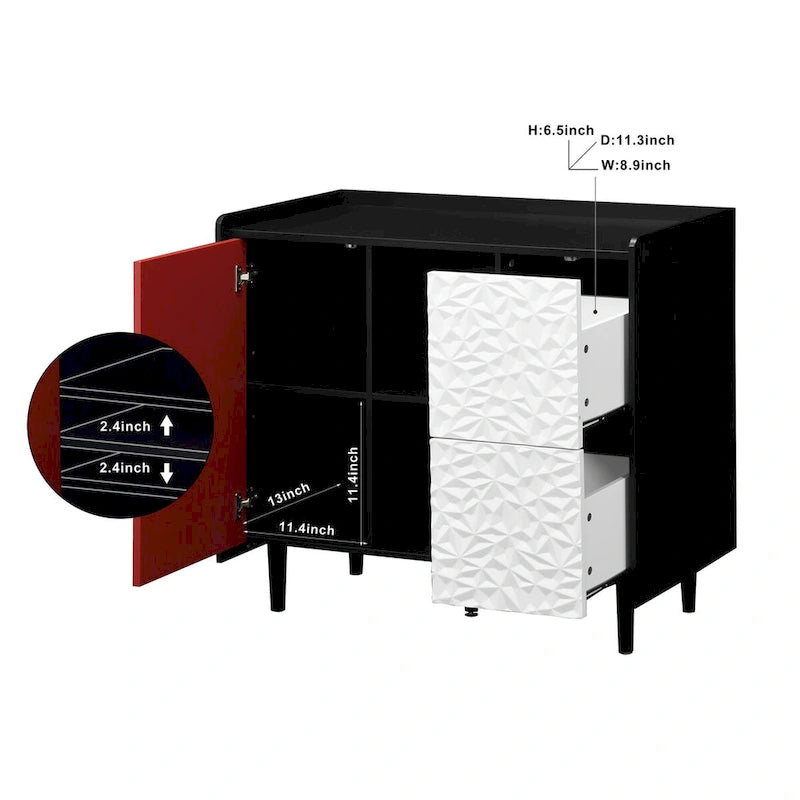 Sideboard Buffet Cabinet, Storage Cabinet with Red Doors, 2 Drawers with unique panel styling and 2 Open Storage Compartment