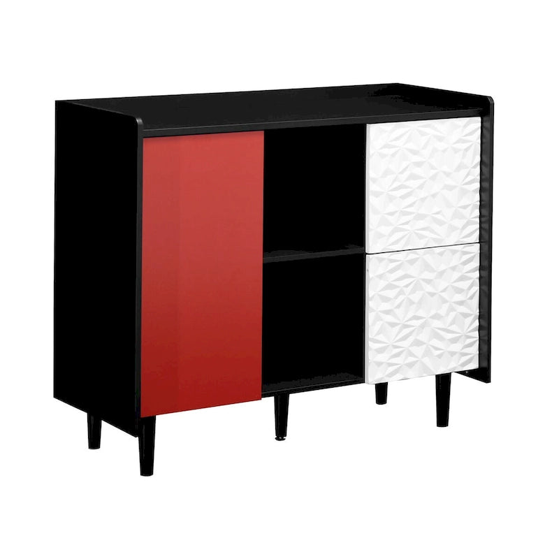 Sideboard Buffet Cabinet, Storage Cabinet with Red Doors, 2 Drawers with unique panel styling and 2 Open Storage Compartment