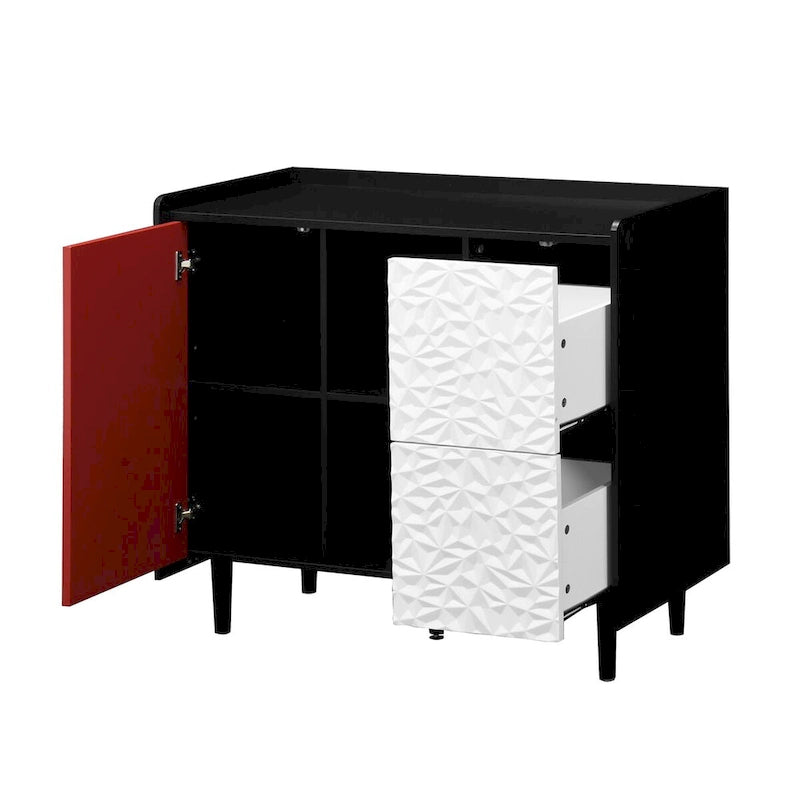 Sideboard Buffet Cabinet, Storage Cabinet with Red Doors, 2 Drawers with unique panel styling and 2 Open Storage Compartment