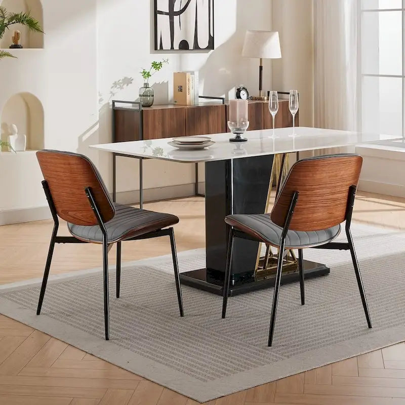 Retro Linen Dining Chairs Set of 2, Bentwood Back with Metal Legs