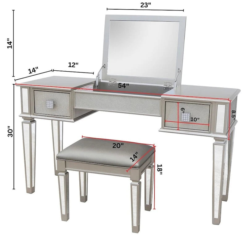 2-Drawer Mirrored Dresser with Vanity Table, Flip-Up Mirror, and Stool
