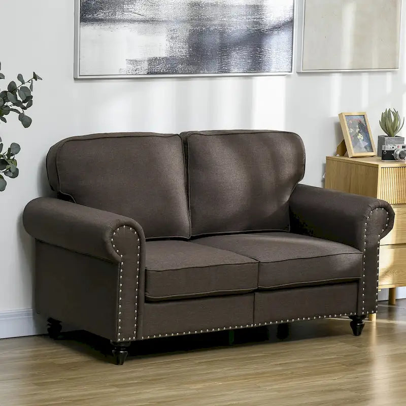 HOMCOM 61  Loveseat Sofa, Mid Century Modern 2 Seater Small Couch with Nailhead Trim, Rolled Arm, Fabric Upholstered Love Seat