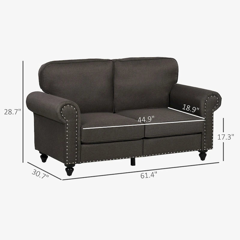 HOMCOM 61  Loveseat Sofa, Mid Century Modern 2 Seater Small Couch with Nailhead Trim, Rolled Arm, Fabric Upholstered Love Seat