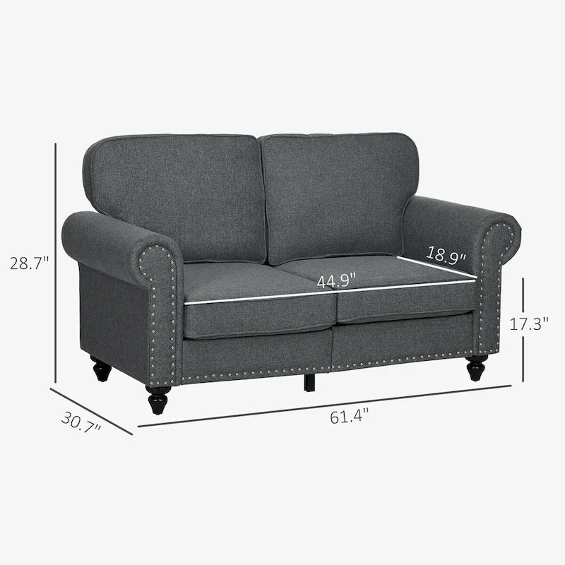 HOMCOM 61  Loveseat Sofa, Mid Century Modern 2 Seater Small Couch with Nailhead Trim, Rolled Arm, Fabric Upholstered Love Seat