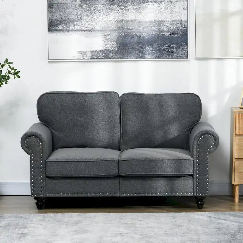 HOMCOM 61  Loveseat Sofa, Mid Century Modern 2 Seater Small Couch with Nailhead Trim, Rolled Arm, Fabric Upholstered Love Seat