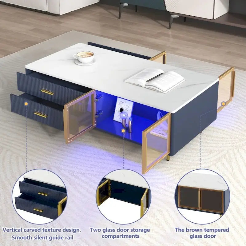 Modern Coffee Table with 2 Glass Door Storage with 4 Drawers
