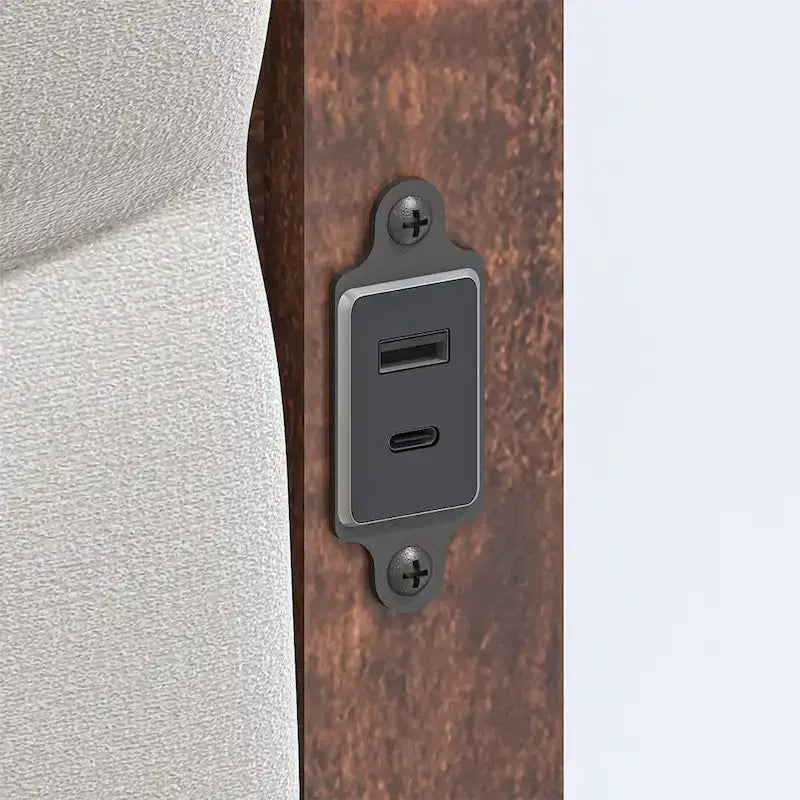 King Size Bed Frame with Upholstered Headboard, Charging Station