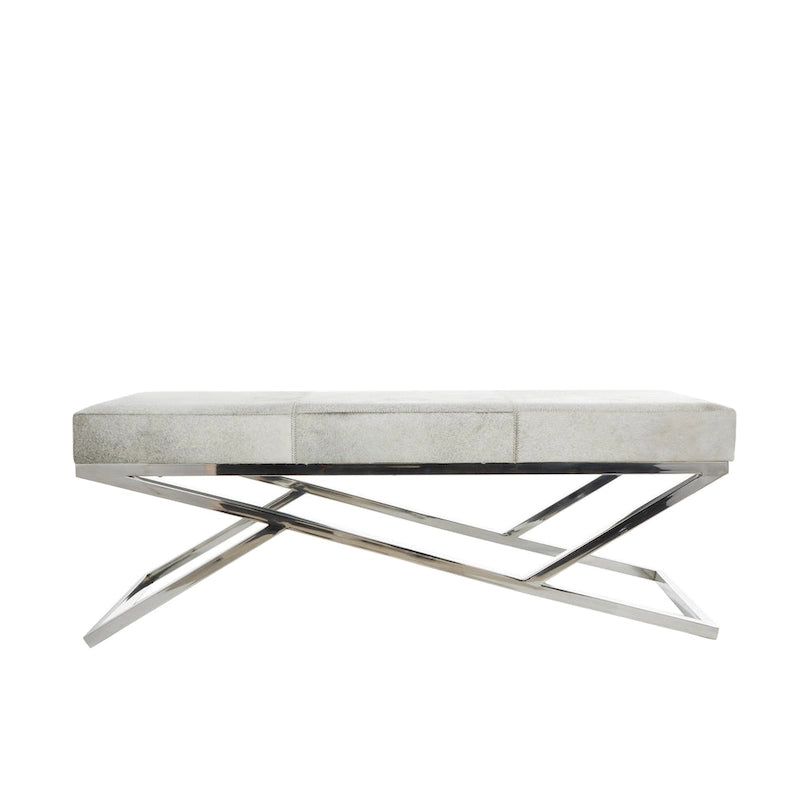 Leather Geometric Home Bench with Angled Silver Metal Base - Light Grey - Roche River Decor