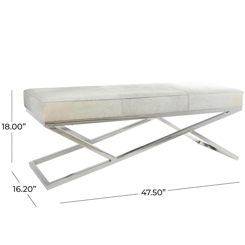 Leather Geometric Home Bench with Angled Silver Metal Base - Light Grey - Roche River Decor