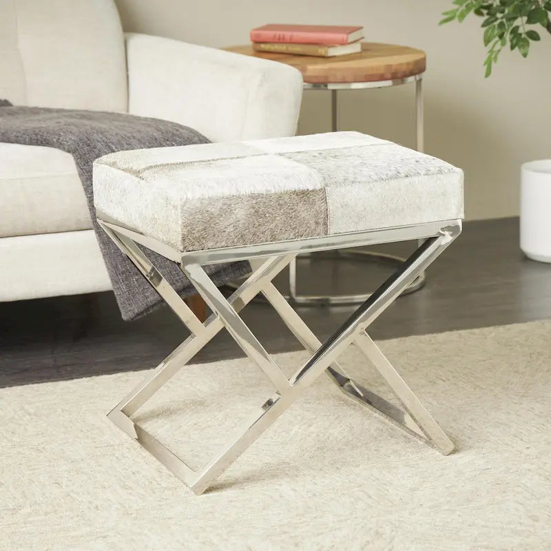 Leather Geometric Home Bench with Angled Silver Metal Base - Light Grey - Roche River Decor