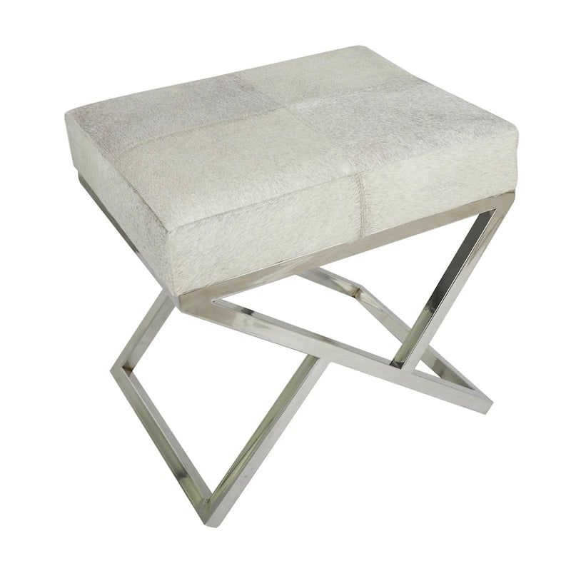 Leather Geometric Home Bench with Angled Silver Metal Base - Light Grey - Roche River Decor