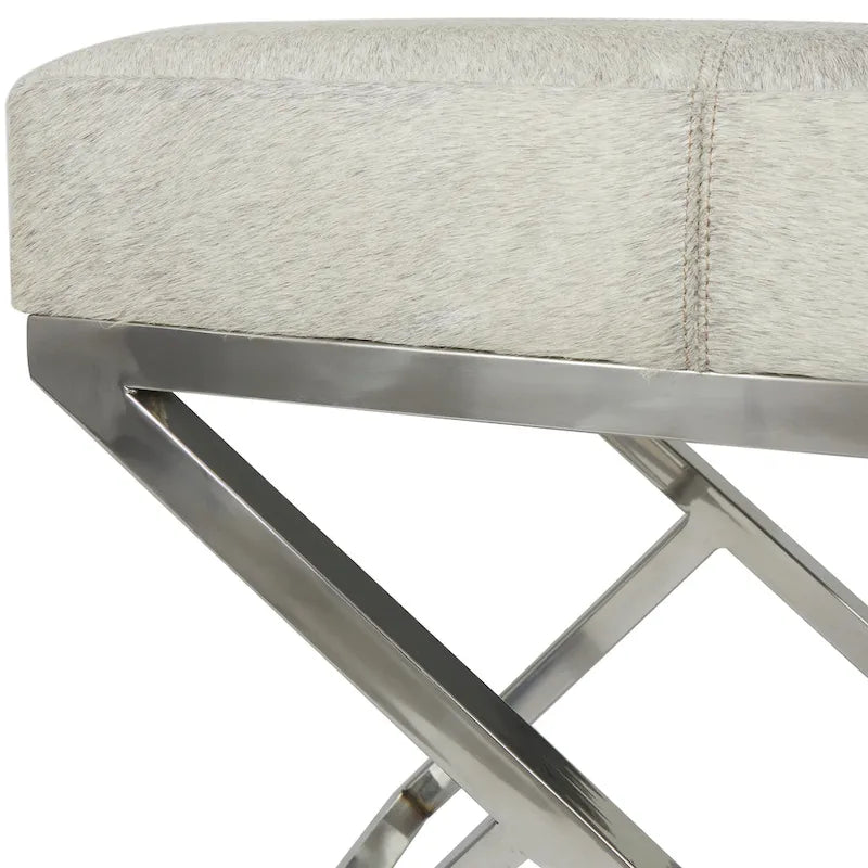 Leather Geometric Home Bench with Angled Silver Metal Base - Light Grey - Roche River Decor