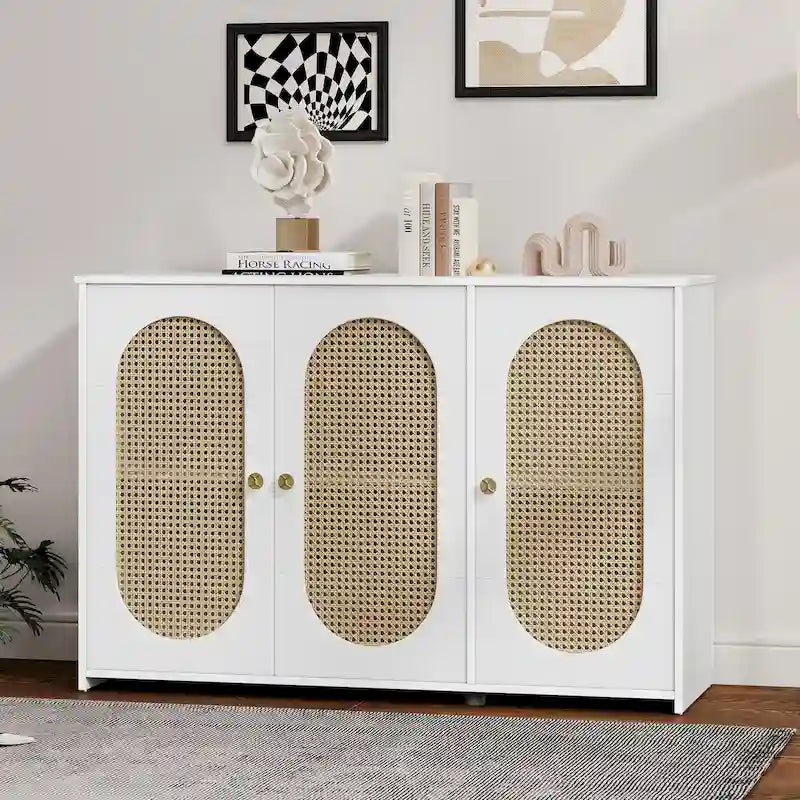 Retro 3-Door Sideboard with Rattan Doors and Metal Handles