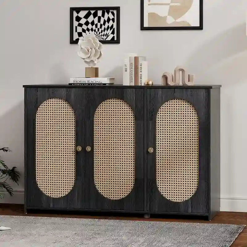 Retro 3-Door Sideboard with Rattan Doors and Metal Handles