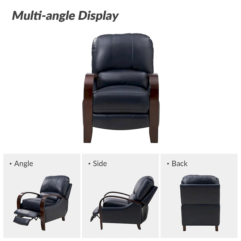 Alex Mid-century Modern Cigar Genuine Leather Manual Recliner with Wooden Curved Arms