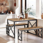 VECELO 3-pieces Dining Table with Bench, Dinning Room Table Set for 4-6, Kitchen Table with 2 Benches Dining Table Set