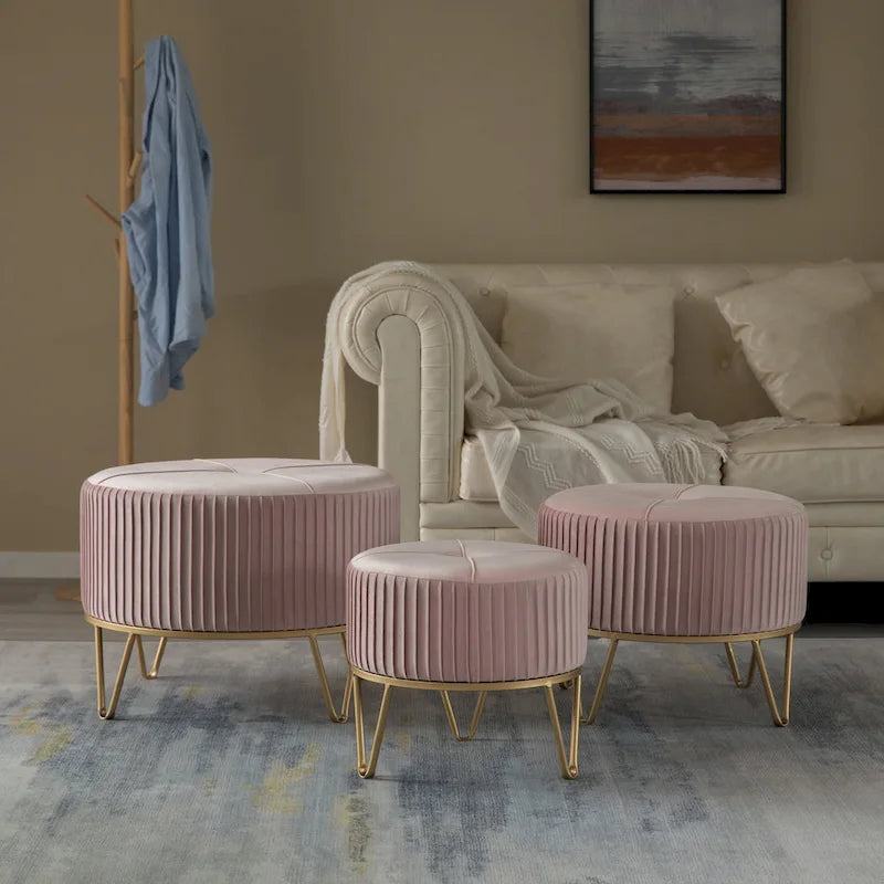 Round Velvet Ottoman Stool Raised with Hairpin Gold Base