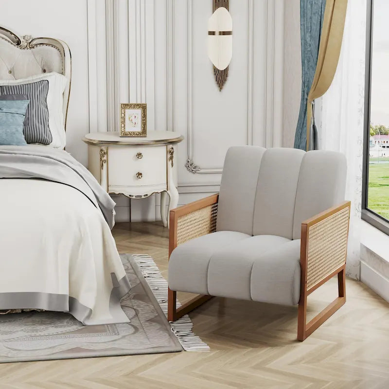 Rattan Accent Chairs, Upholstered Natural Rattan Chair Mid Century Modern Linen Armchair Side Chairs for Living Room Bedroom
