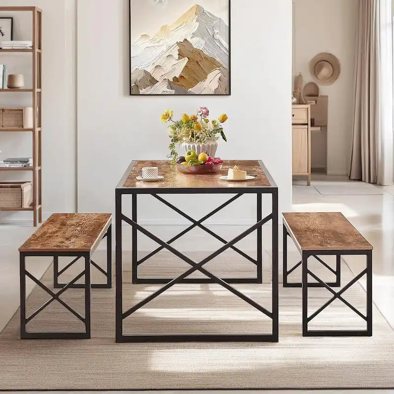 VECELO 3-pieces Dining Table with Bench, Dinning Room Table Set for 4-6, Kitchen Table with 2 Benches Dining Table Set