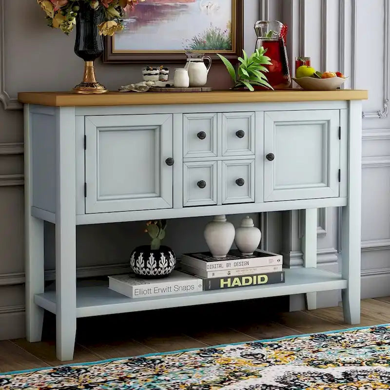 Retro Style Buffet Sideboard Wood Console Table with Bottom Shelf, Easy Assemble, for Living Room, Kitchen, Entryway