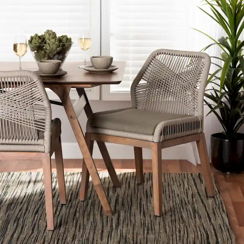 Modern Transitional-Style Rope-Woven Mahogany Dining Chair 鈥?Gray