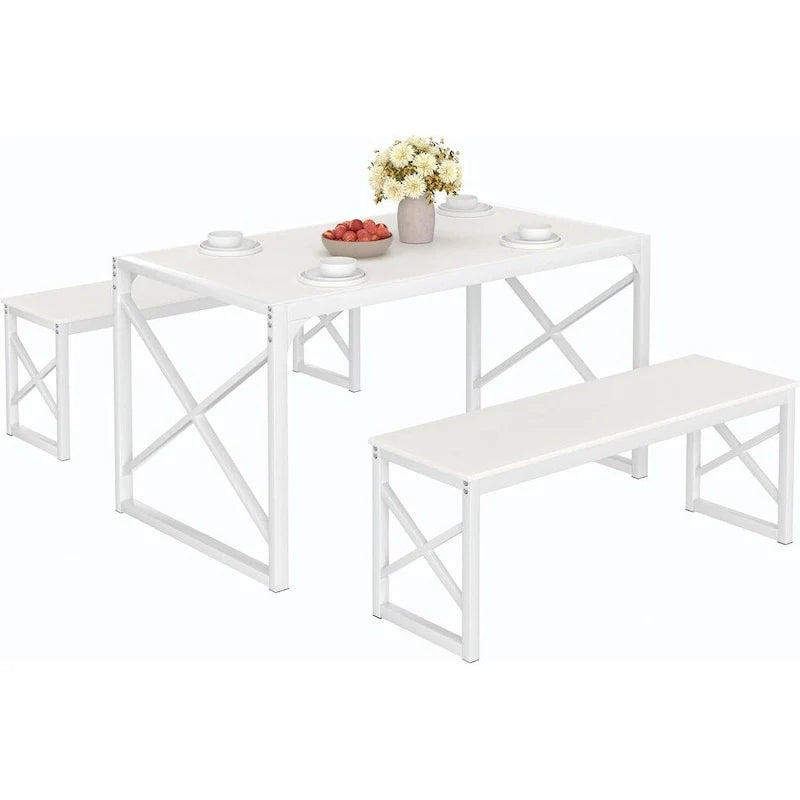 VECELO 3-pieces Dining Table with Bench, Dinning Room Table Set for 4-6, Kitchen Table with 2 Benches Dining Table Set