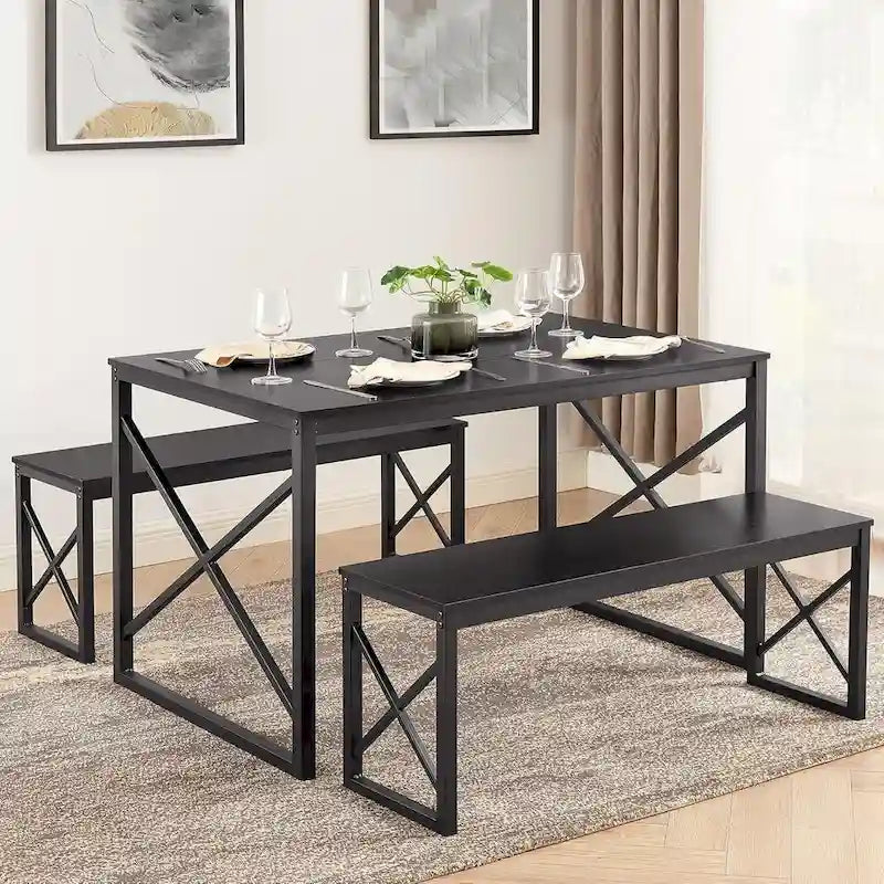 VECELO 3-pieces Dining Table with Bench, Dinning Room Table Set for 4-6, Kitchen Table with 2 Benches Dining Table Set