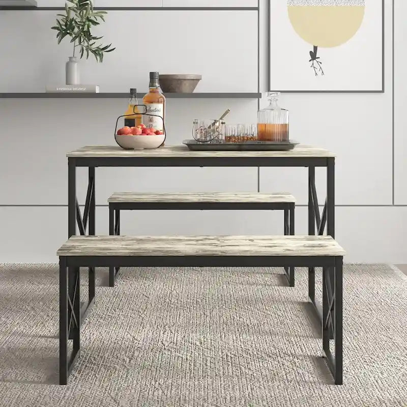 VECELO 3-pieces Dining Table with Bench, Dinning Room Table Set for 4-6, Kitchen Table with 2 Benches Dining Table Set