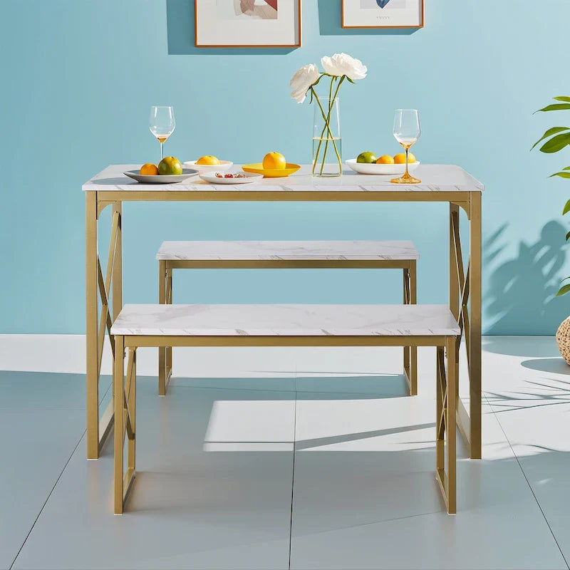 VECELO 3-pieces Dining Table with Bench, Dinning Room Table Set for 4-6, Kitchen Table with 2 Benches Dining Table Set
