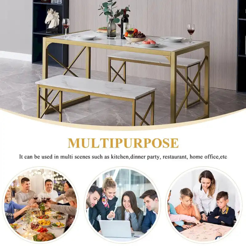 VECELO 3-pieces Dining Table with Bench, Dinning Room Table Set for 4-6, Kitchen Table with 2 Benches Dining Table Set