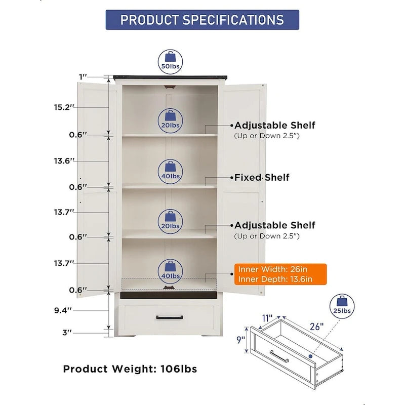 Farmhouse Kitchen Pantry Cabinet, Wood Storage Cabinets