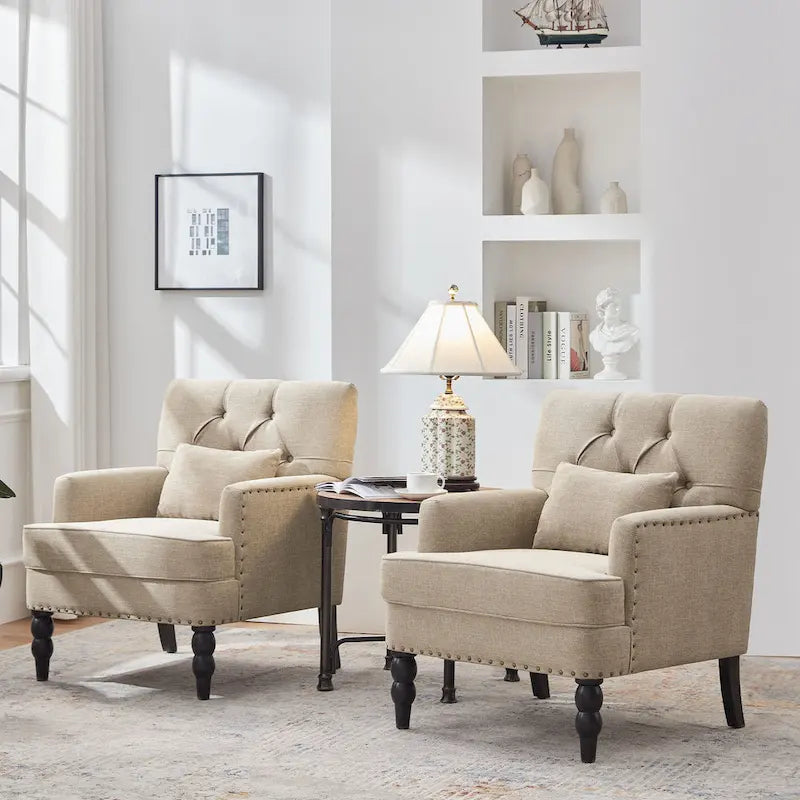 Set of 2 Arm Chair Upholstered Button Tufted Accent Chair with Lumbar Pillow Beige/ Grey/ Light Blue