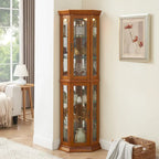 Corner Curio Cabinet with Lights, Adjustable Tempered Glass Shelves, Mirrored Back, Display Cabinet