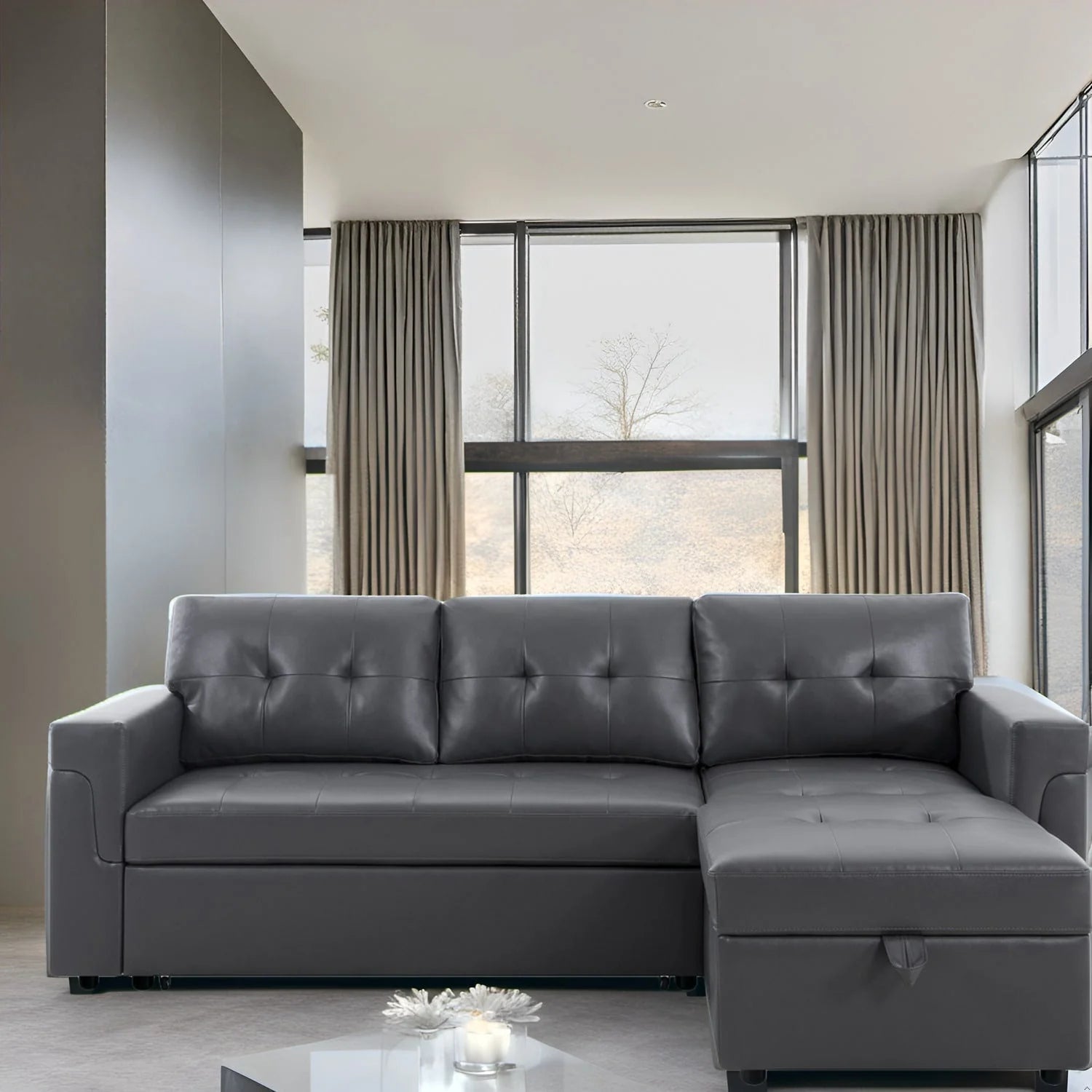 Reversible Sectional Sofa with Pull-Out Sleeper Bed, Hidden Storage Chaise, Durable Legs,