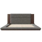King Gray Floor Upholstered Bed Low Profile Platform Bed w/ Extended Wood Headboard, Built-in Nightstand Shelves