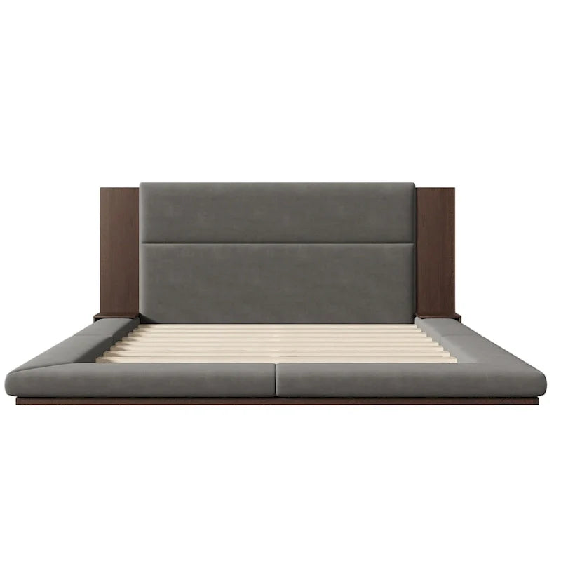 King Gray Floor Upholstered Bed Low Profile Platform Bed w/ Extended Wood Headboard, Built-in Nightstand Shelves