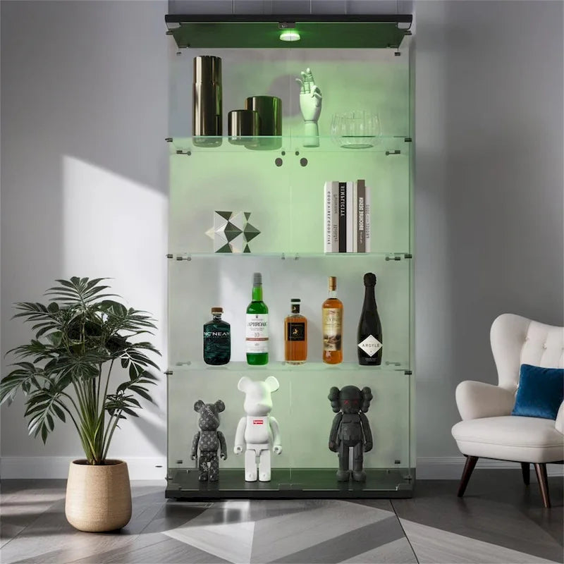 Lighted Two Door Glass Cabinet Glass Display Cabinet with 4 Shelves, Black