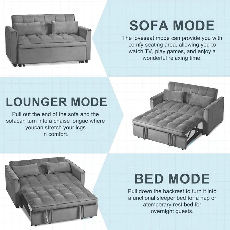 Modern Velvet Futon Loveseat with Reclining Backrest & Pockets, Seats 2 鈥?Dark Gray / Light Gray / Blue / Black