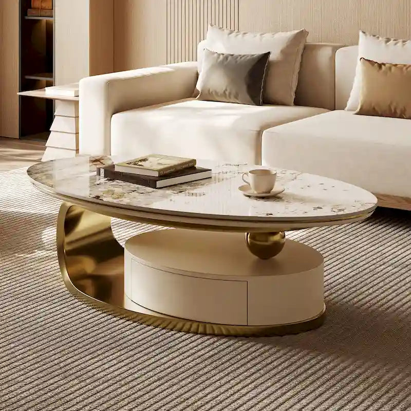 51 Modern Pandora Oval Coffee Table with Glossy Sintered stone top, Luxury Coffee Table, Stainless Steel Legs for Livingroom